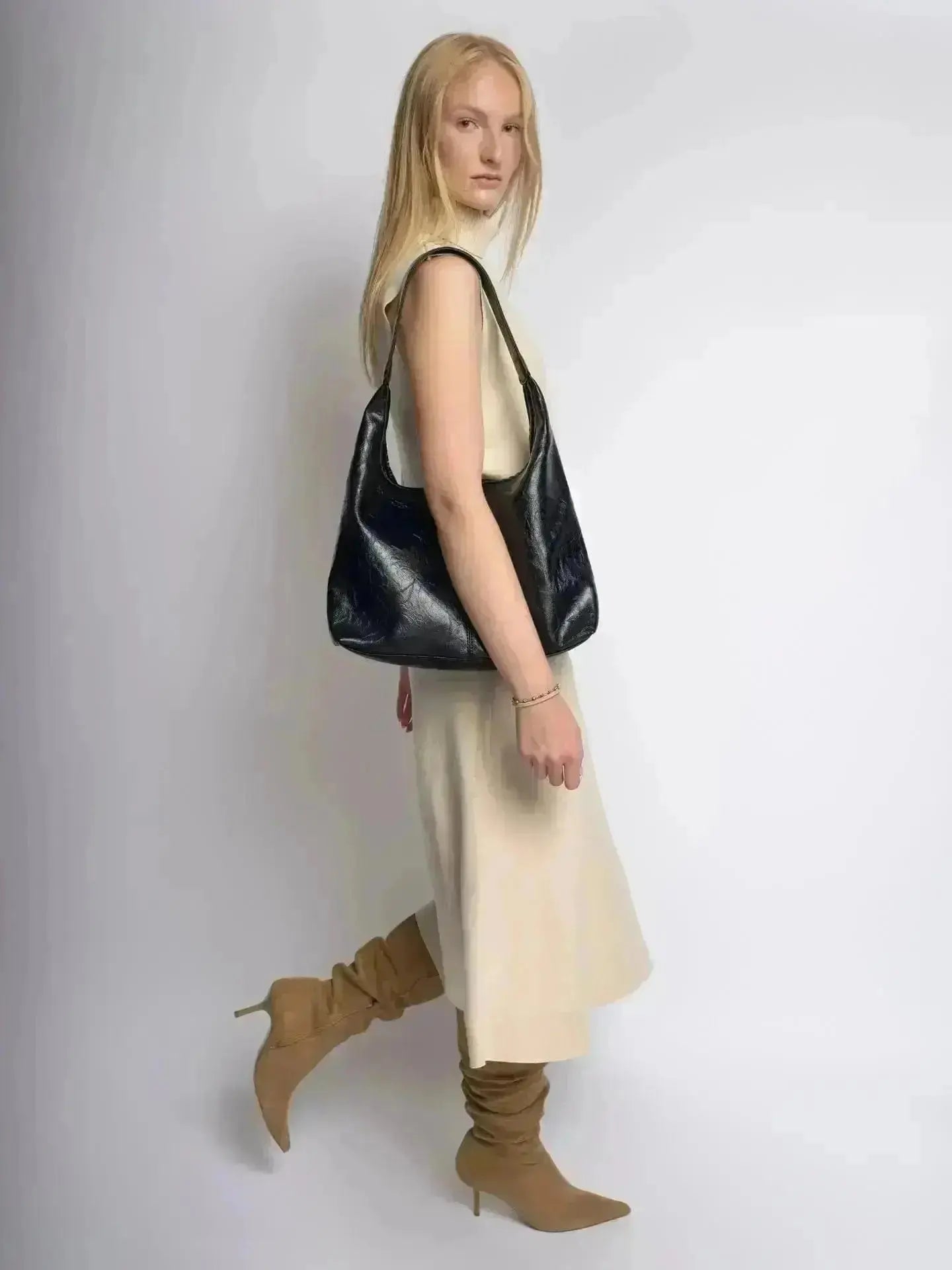 Distressed Leather Hobo Tote with Mini Pouch