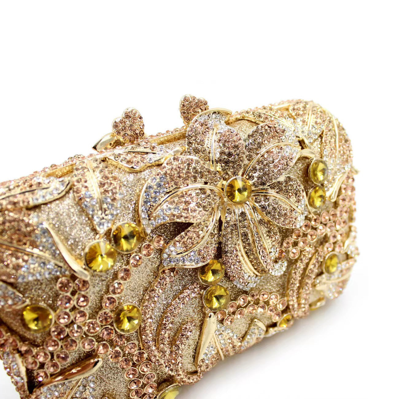 Gold Rhinestone Bridal Clutch with Florals