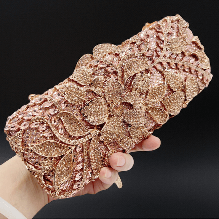 Gold Rhinestone Clutch with Floral Accents