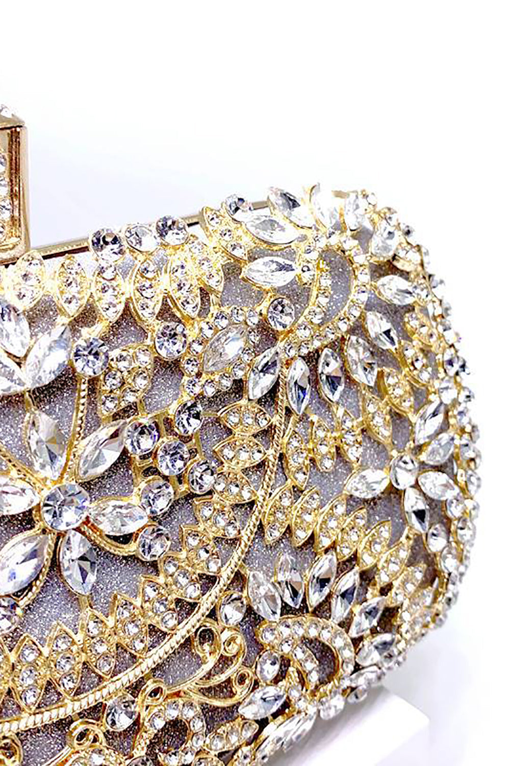 Gold Rhinestone Clutch with Ring and Chain