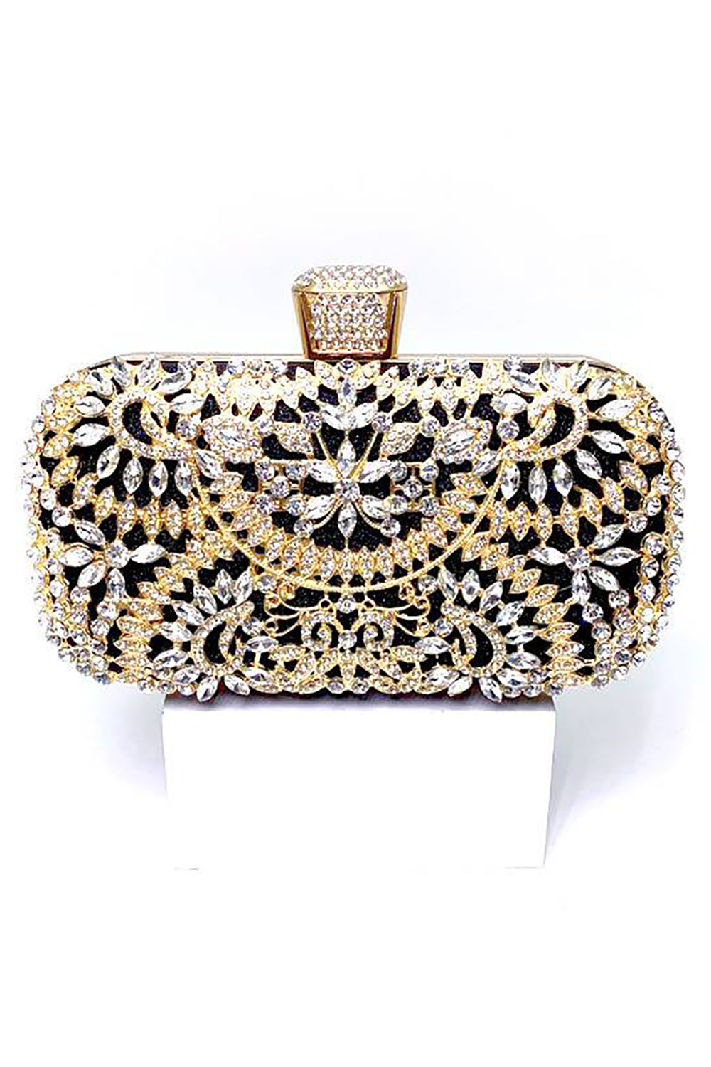 Gold Rhinestone Clutch with Ring and Chain
