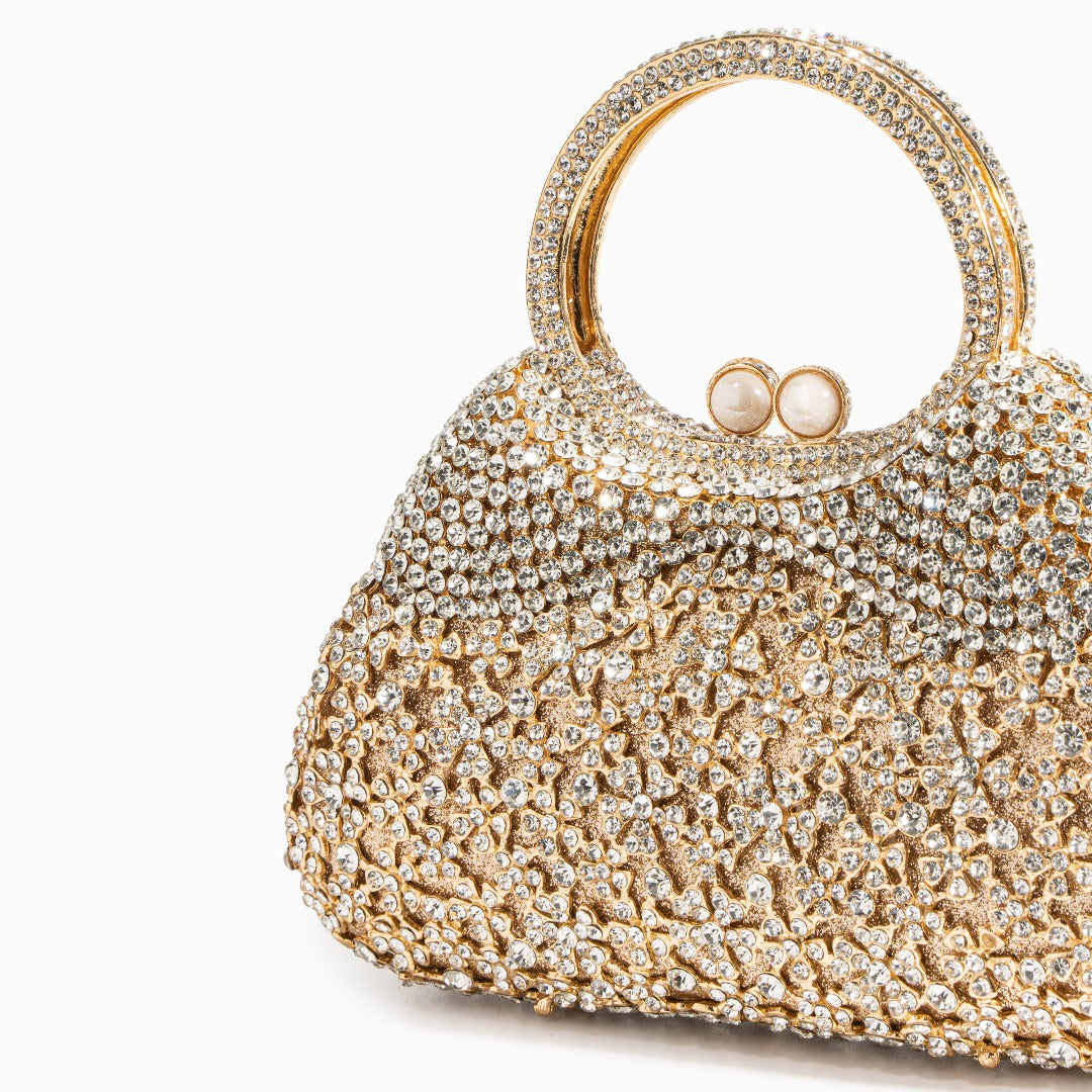 Gold Rhinestone Evening Bag with Round Handle