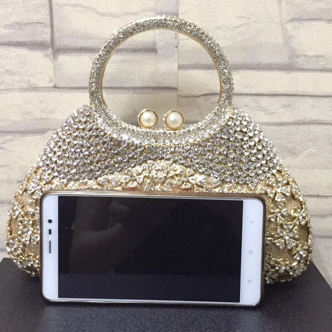 Gold Rhinestone Evening Bag with Round Handle