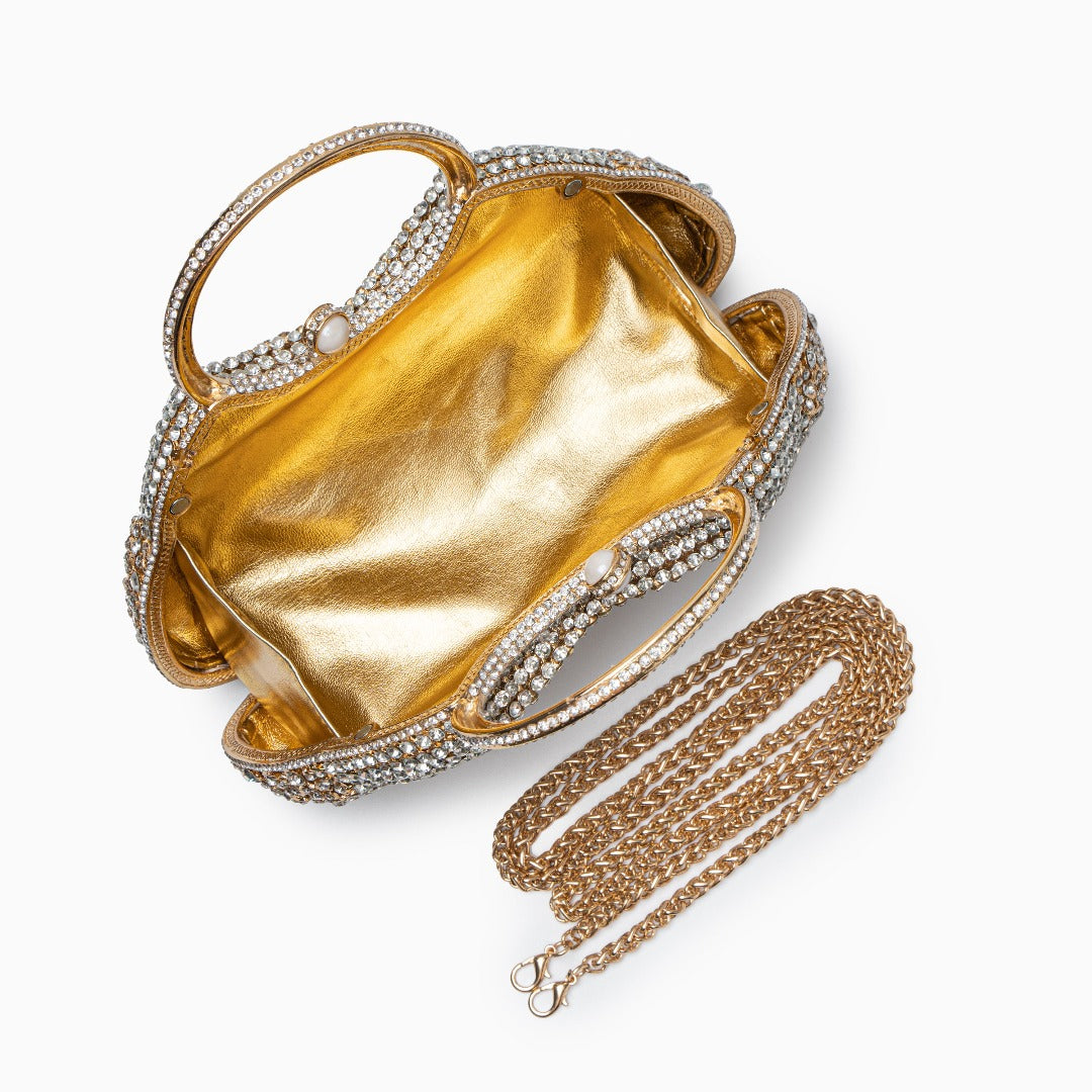 Gold Rhinestone Evening Bag with Round Handle