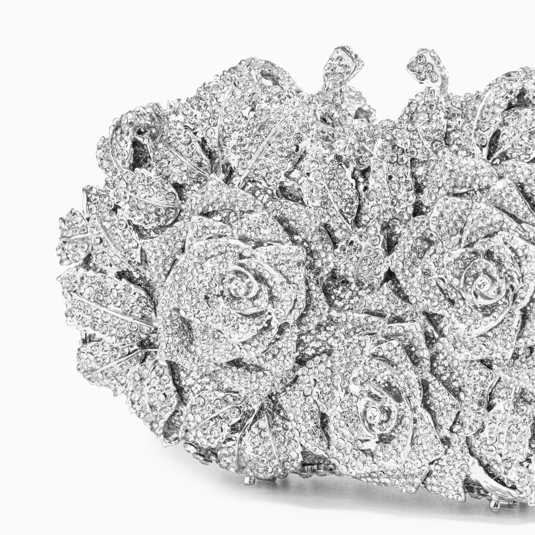 Rose Floral Clutch with Rhinestones and Chain