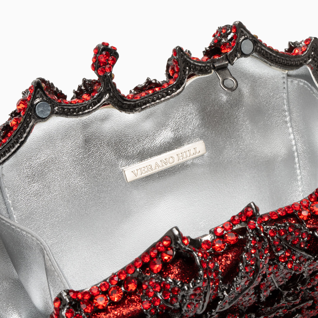 Rose Floral Clutch with Rhinestones and Chain