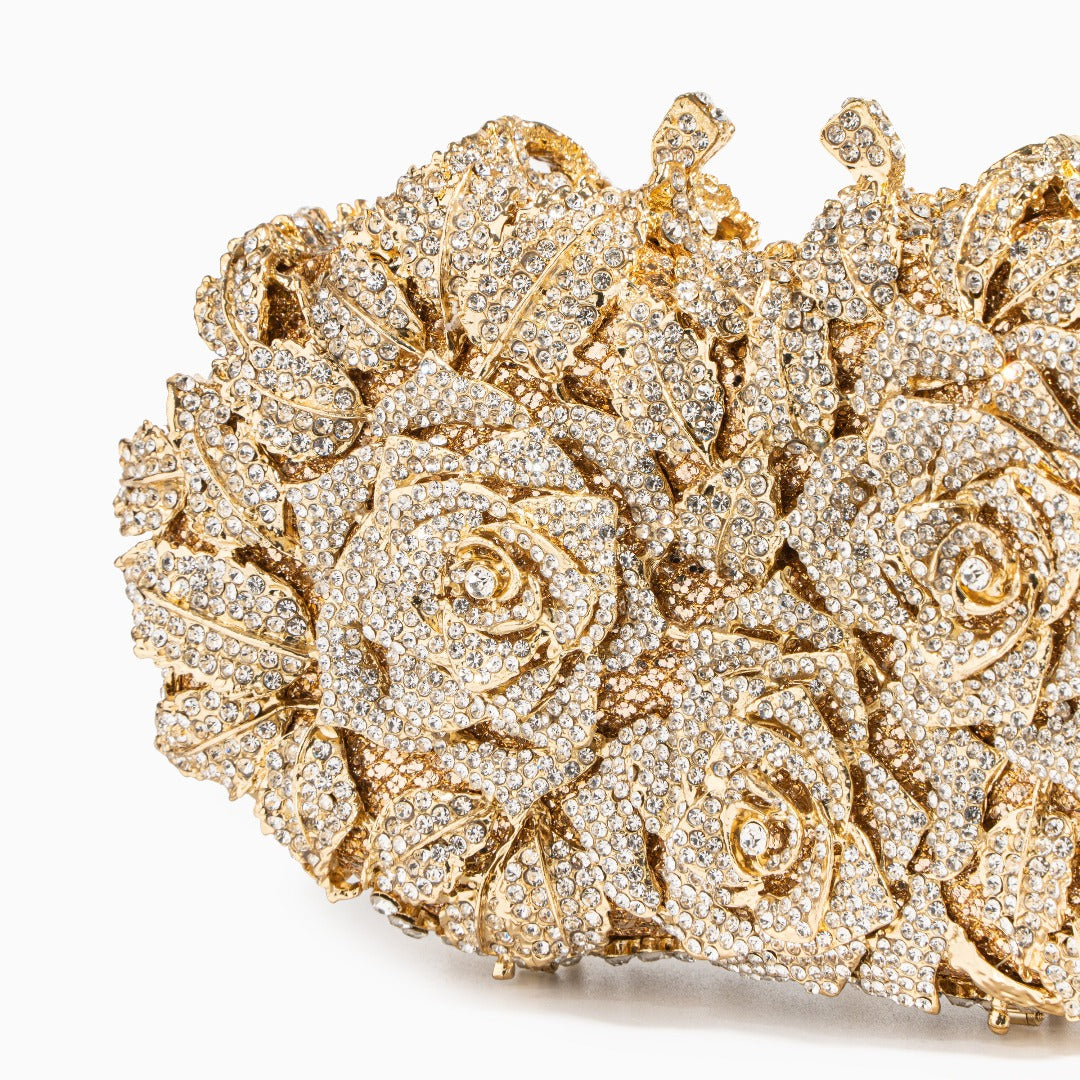 Rose Floral Clutch with Rhinestones and Chain