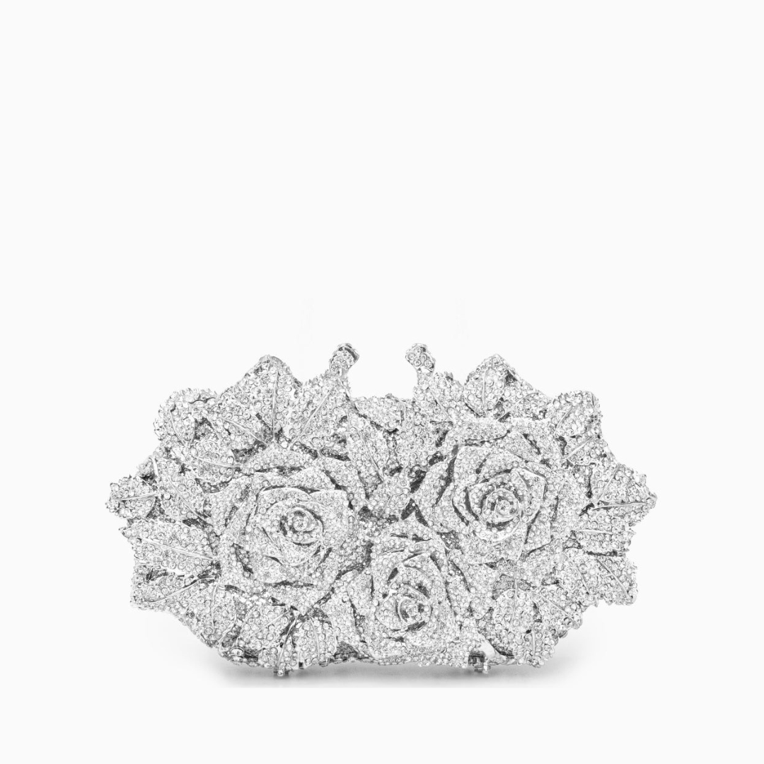 Rose Floral Clutch with Rhinestones and Chain