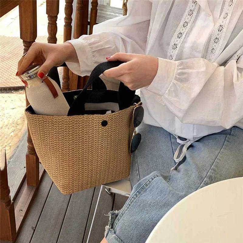 Woven Straw Tote with Fabric Handles and Snap