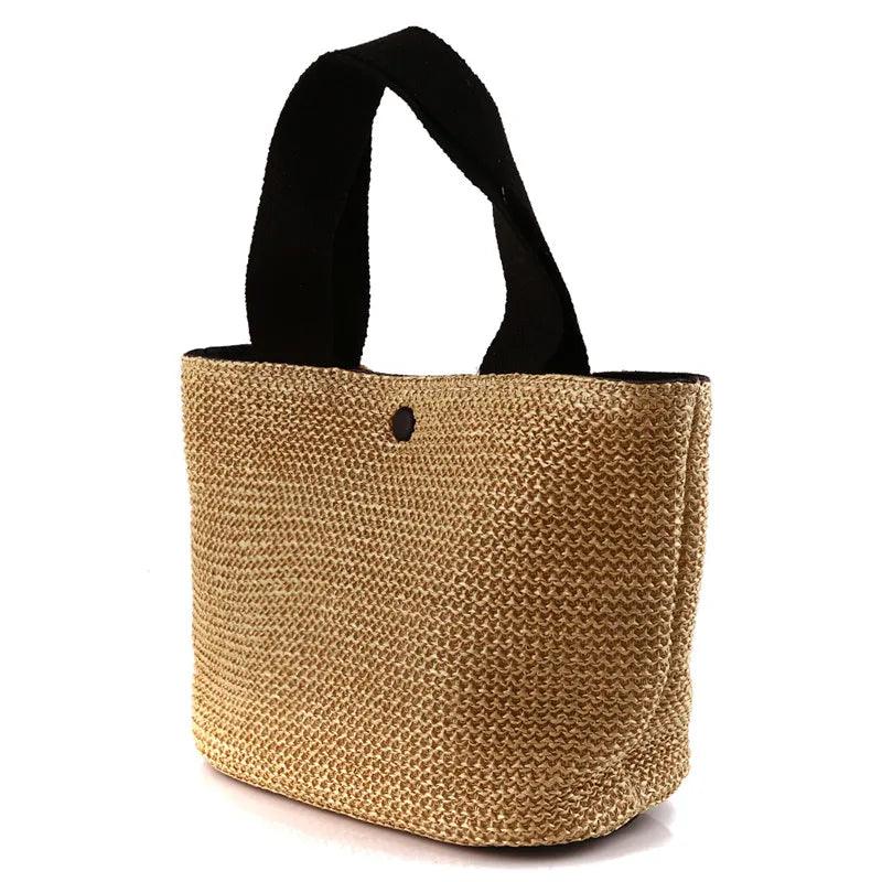 Woven Straw Tote with Fabric Handles and Snap
