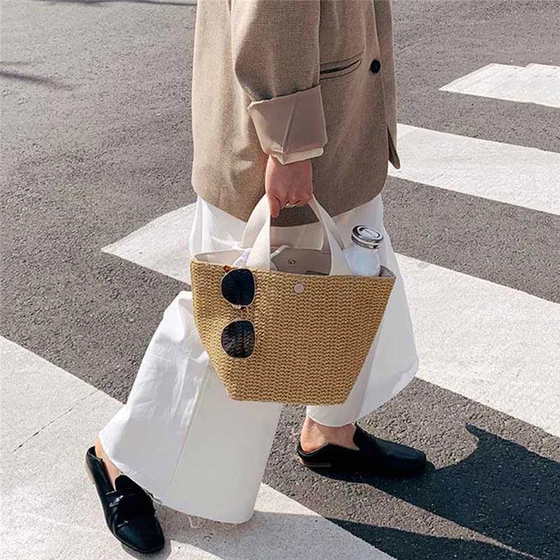 Woven Straw Tote with Fabric Handles and Snap