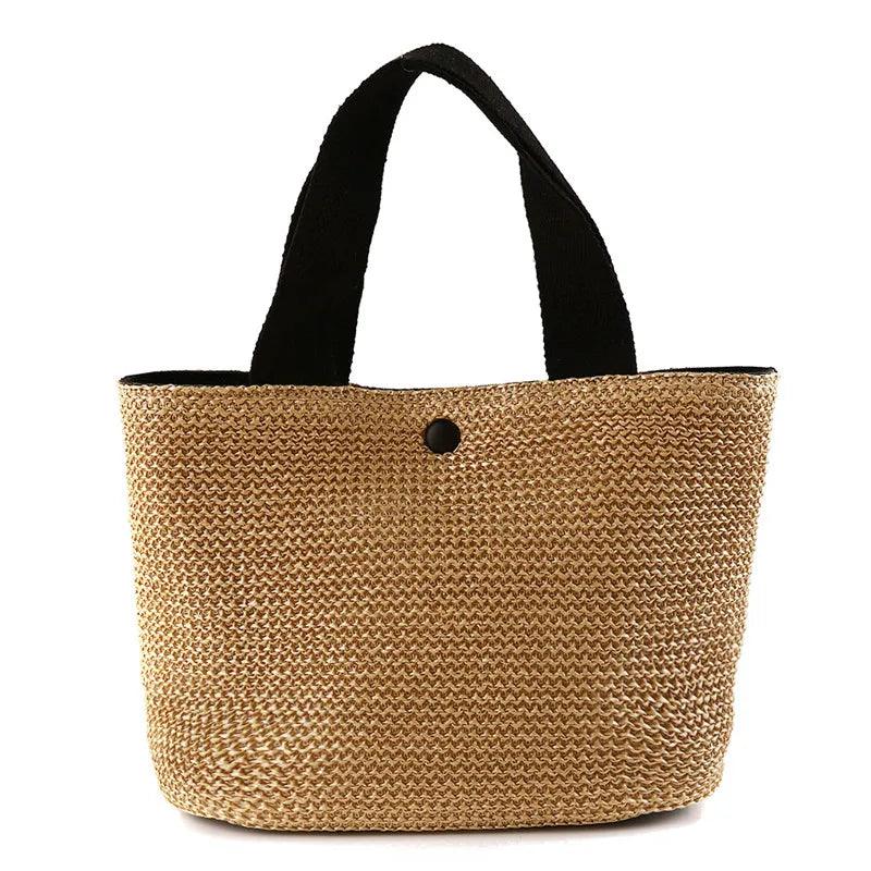 Woven Straw Tote with Fabric Handles and Snap