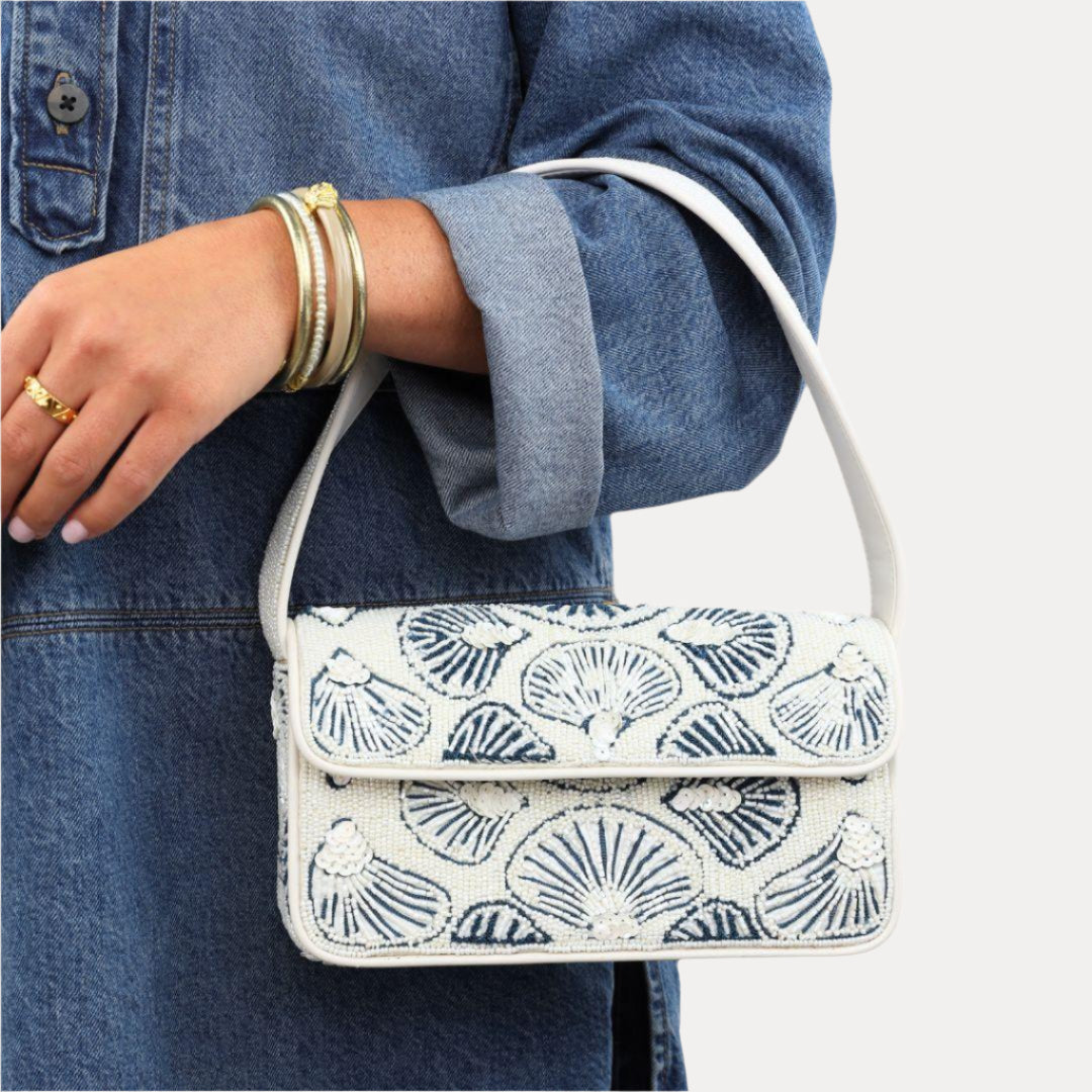 Beaded Shell Shoulder Bag with Snap Closure