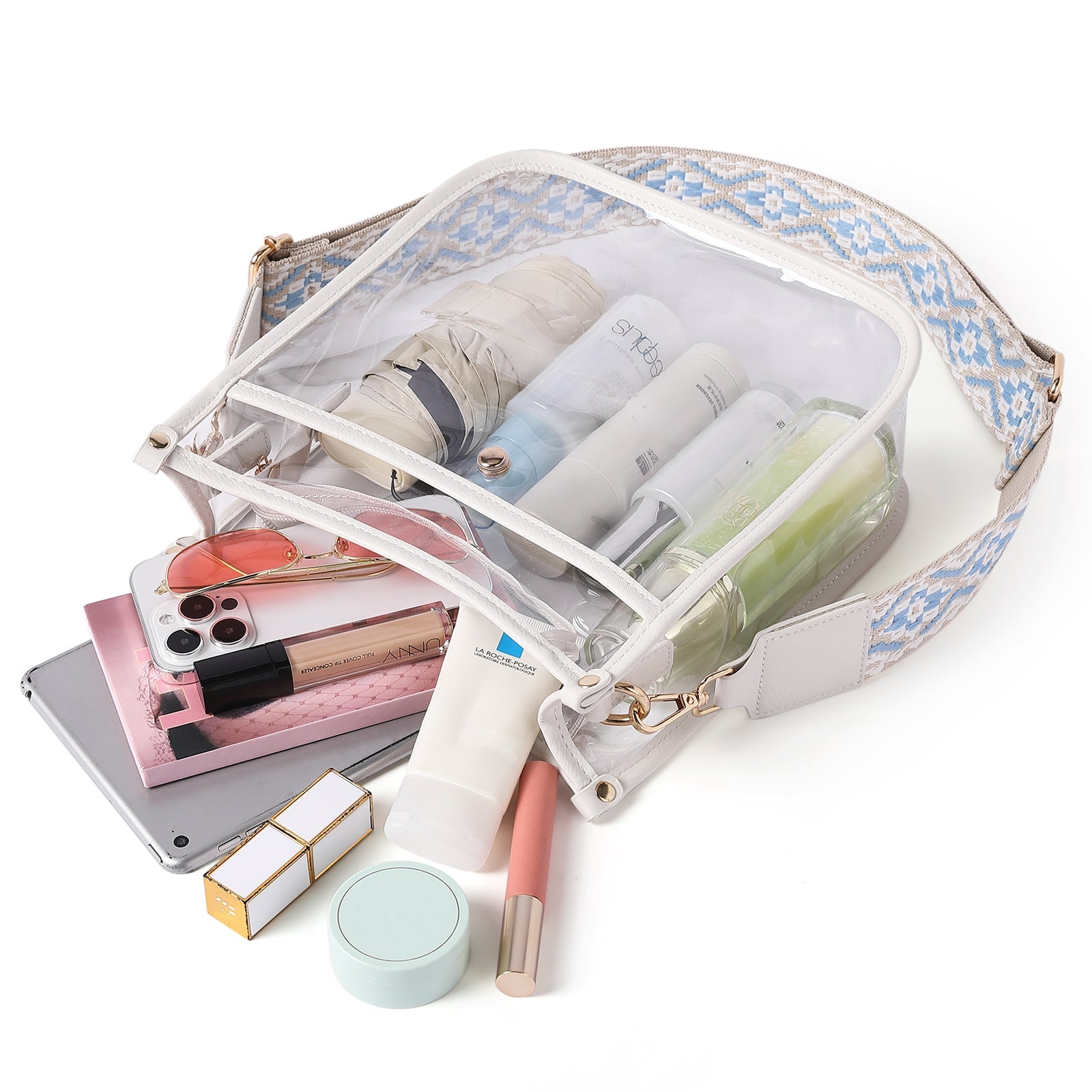 Clear Crossbody Purse with Patterned Strap
