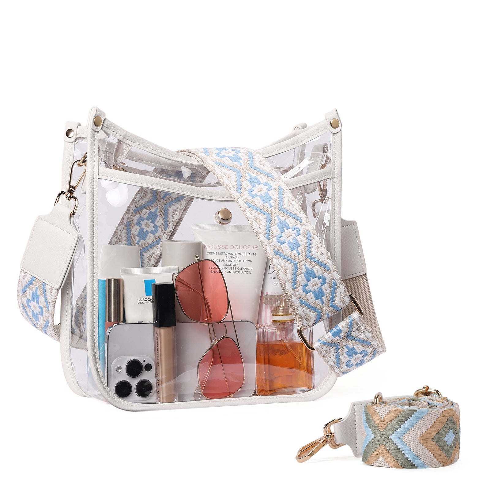 Clear Crossbody Purse with Patterned Strap