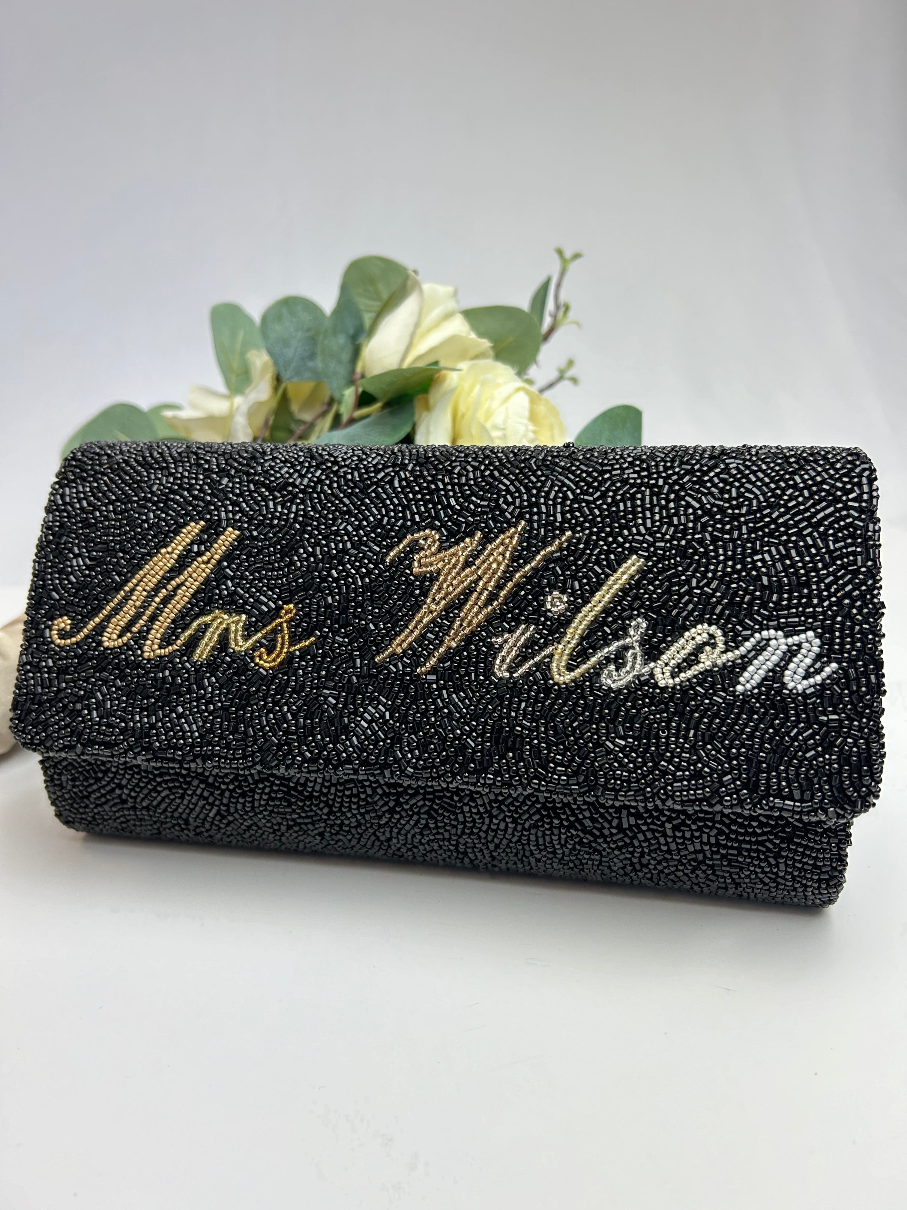Custom Beaded Barrel Clutch with Chain Strap