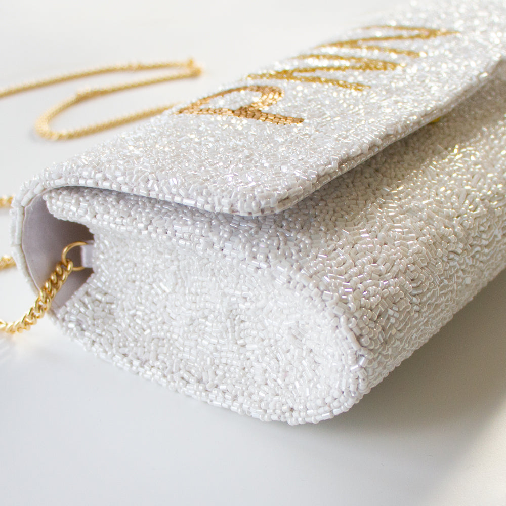 Custom Beaded Barrel Clutch with Chain Strap