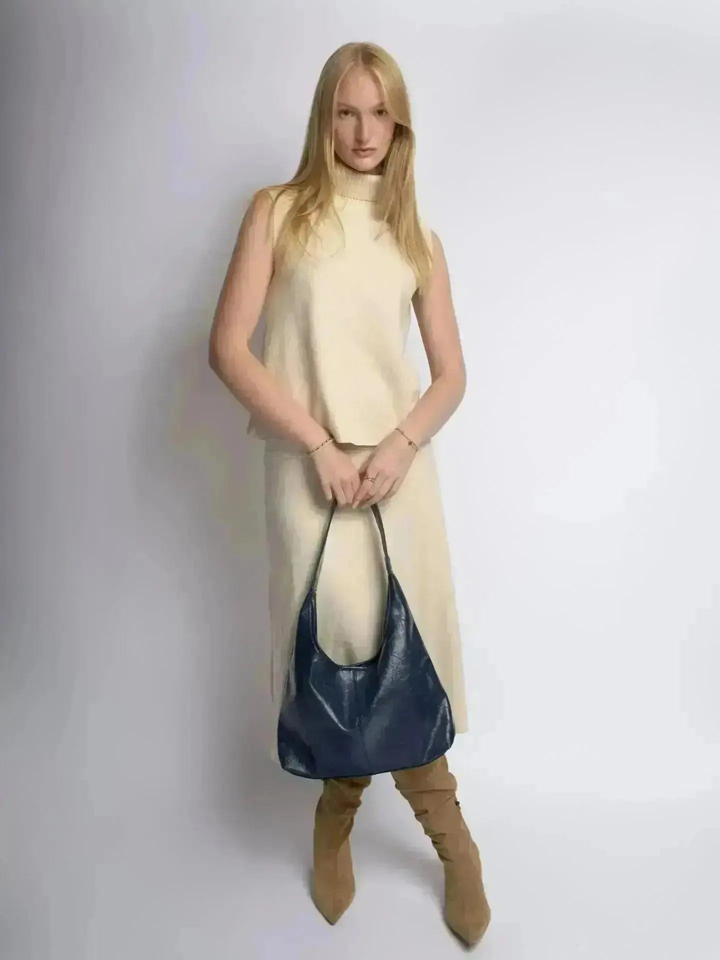 Distressed Leather Hobo Tote with Mini Pouch