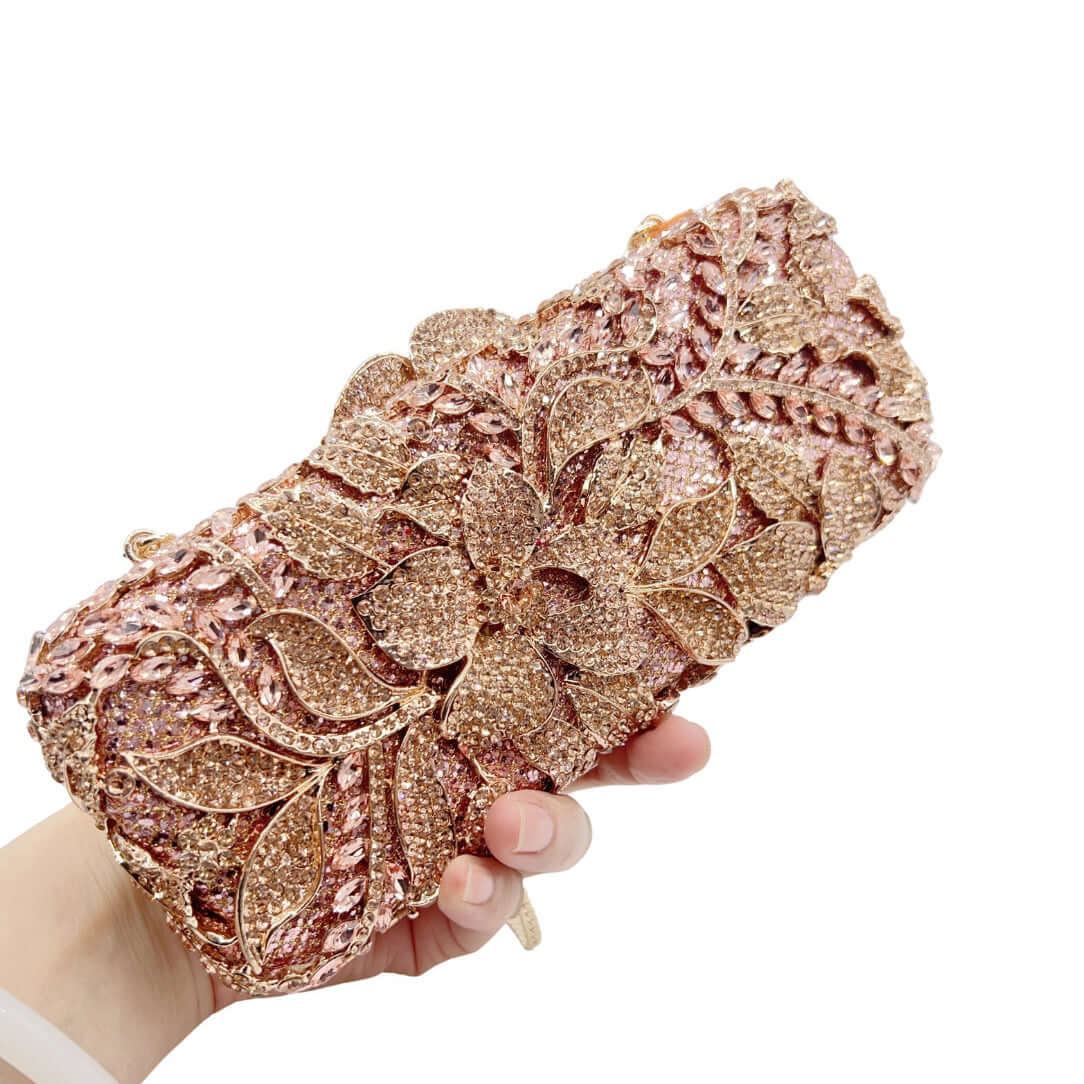 Gold Rhinestone Clutch with Floral Accents