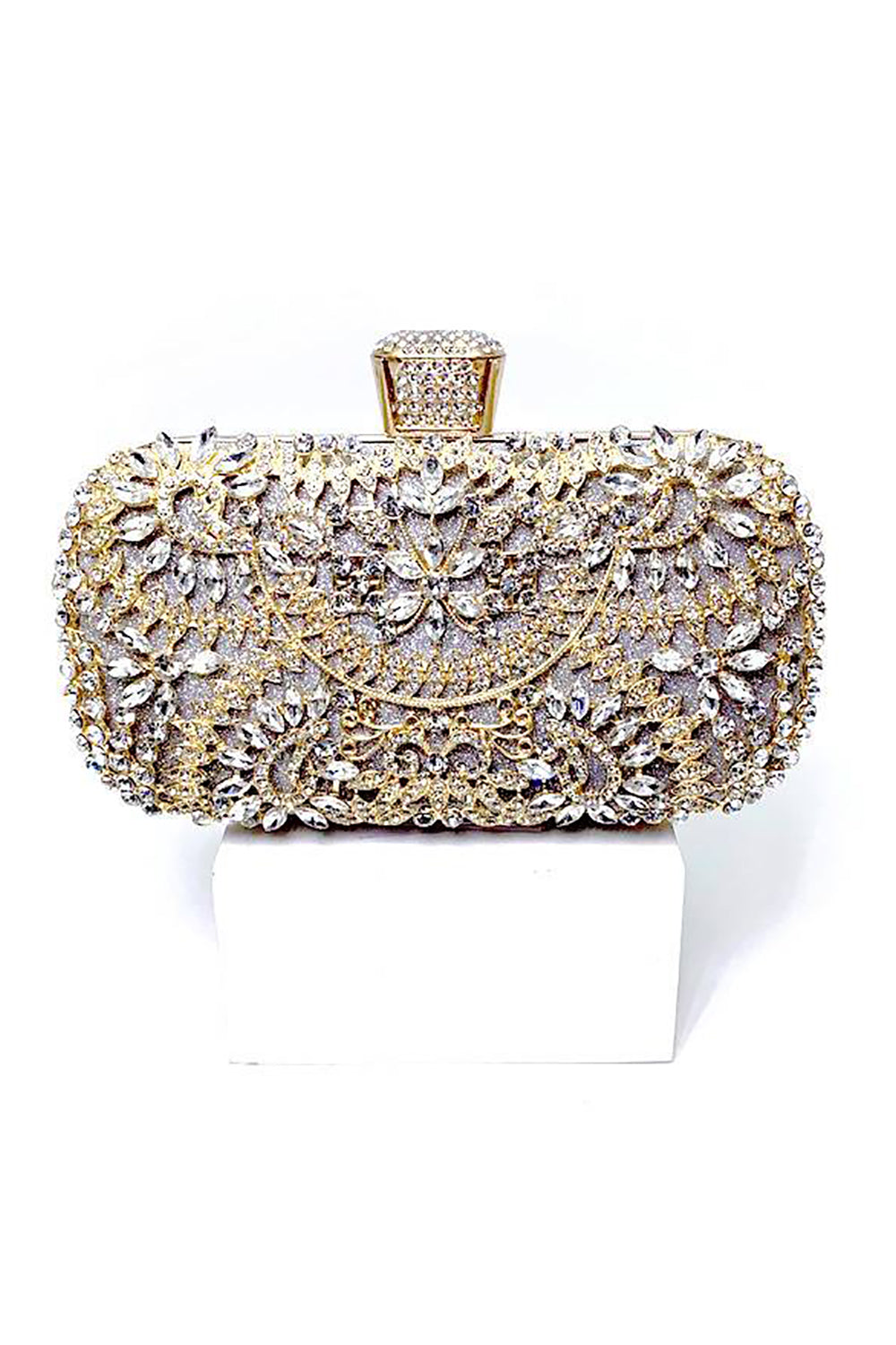 Gold Rhinestone Clutch with Ring and Chain