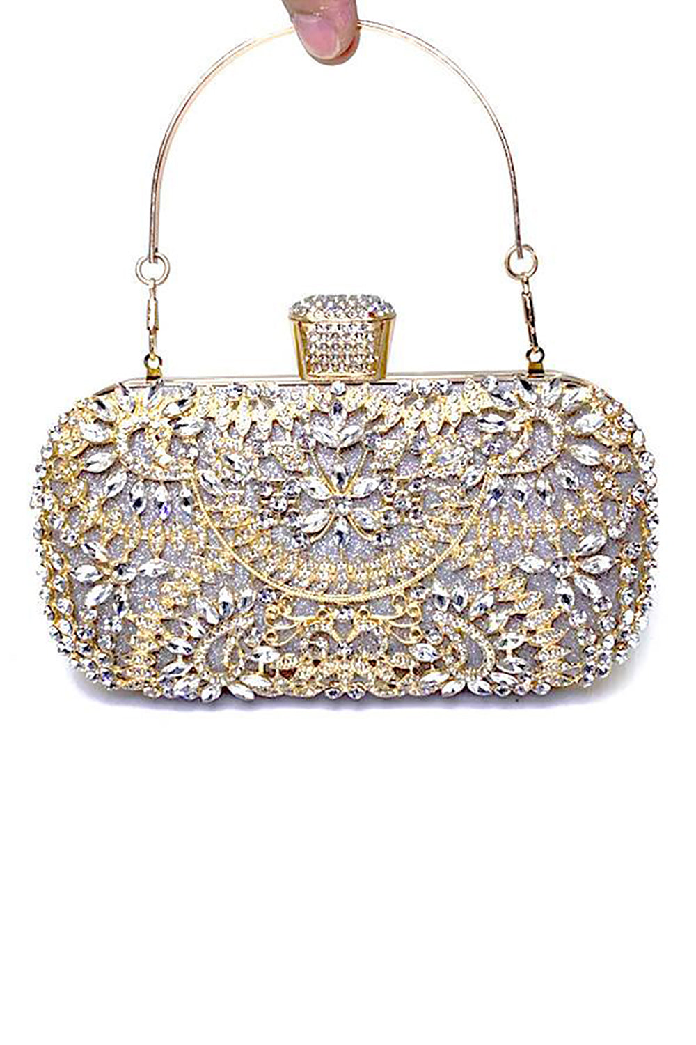 Gold Rhinestone Clutch with Ring and Chain
