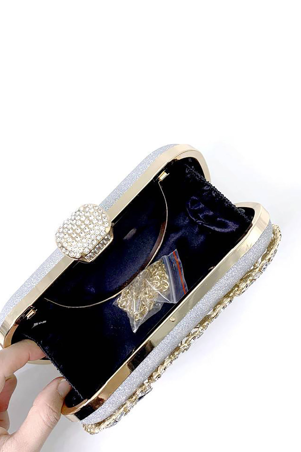 Gold Rhinestone Clutch with Ring and Chain