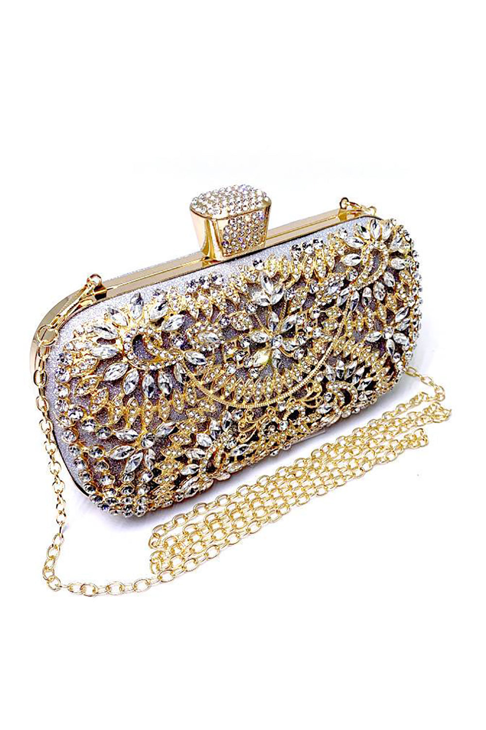Gold Rhinestone Clutch with Ring and Chain