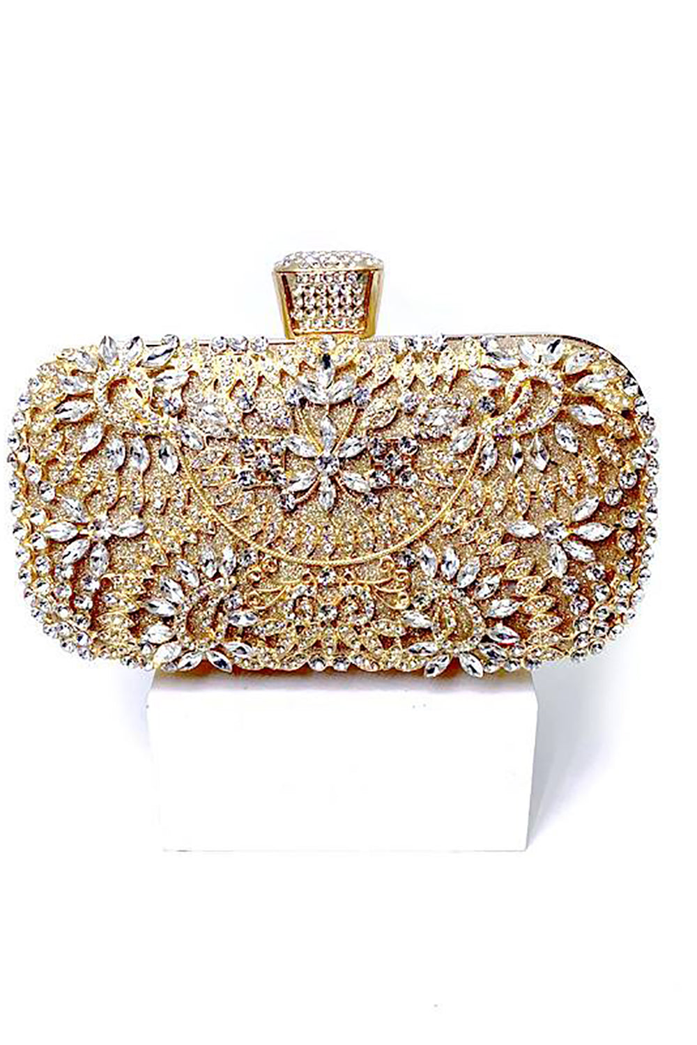 Gold Rhinestone Clutch with Ring and Chain