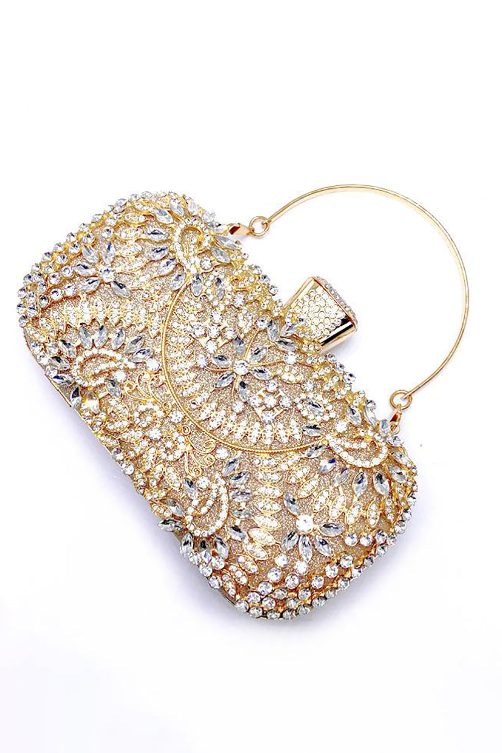 Gold Rhinestone Clutch with Ring and Chain