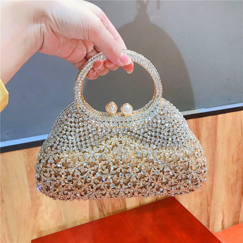 Gold Rhinestone Evening Bag with Round Handle