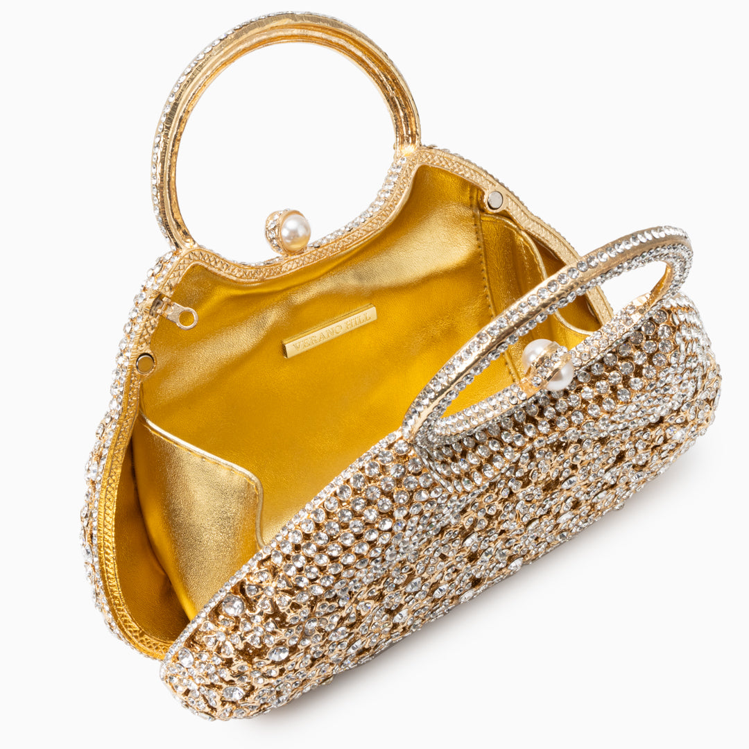 Gold Rhinestone Evening Bag with Round Handle