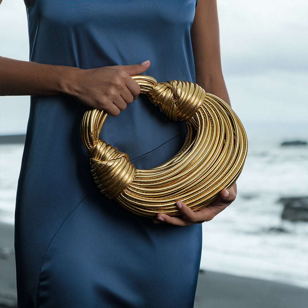 Gold Vegan Leather Bag with Knotted Handle