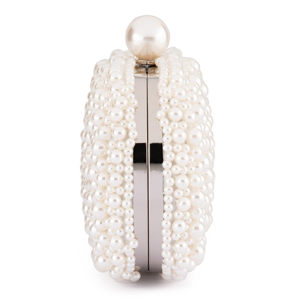 Hand Beaded Pearl Clutch with Silver Chain