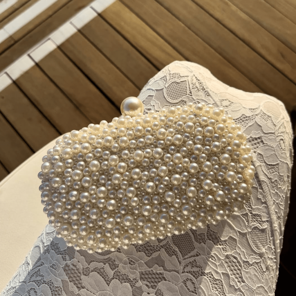 Hand Beaded Pearl Clutch with Silver Chain