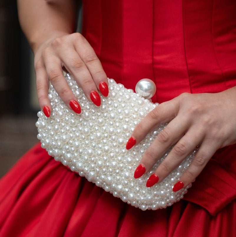 Hand Beaded Pearl Clutch with Silver Chain