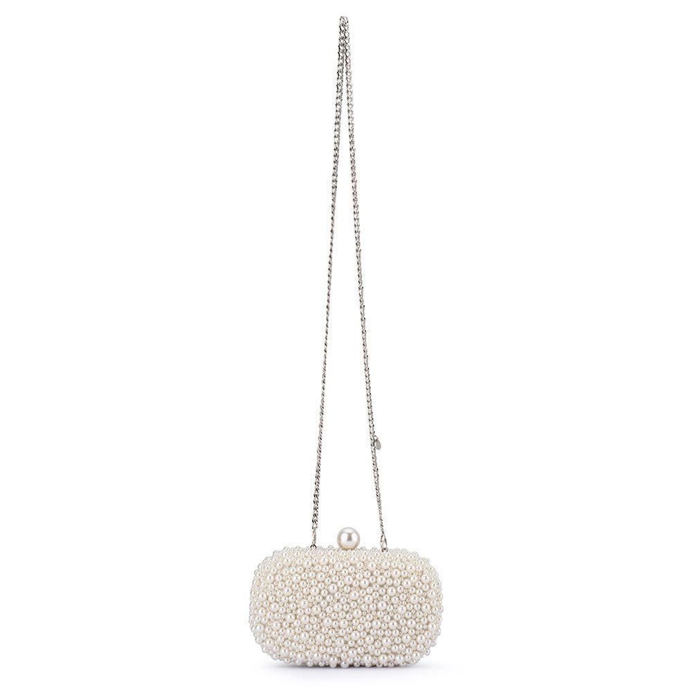 Hand Beaded Pearl Clutch with Silver Chain