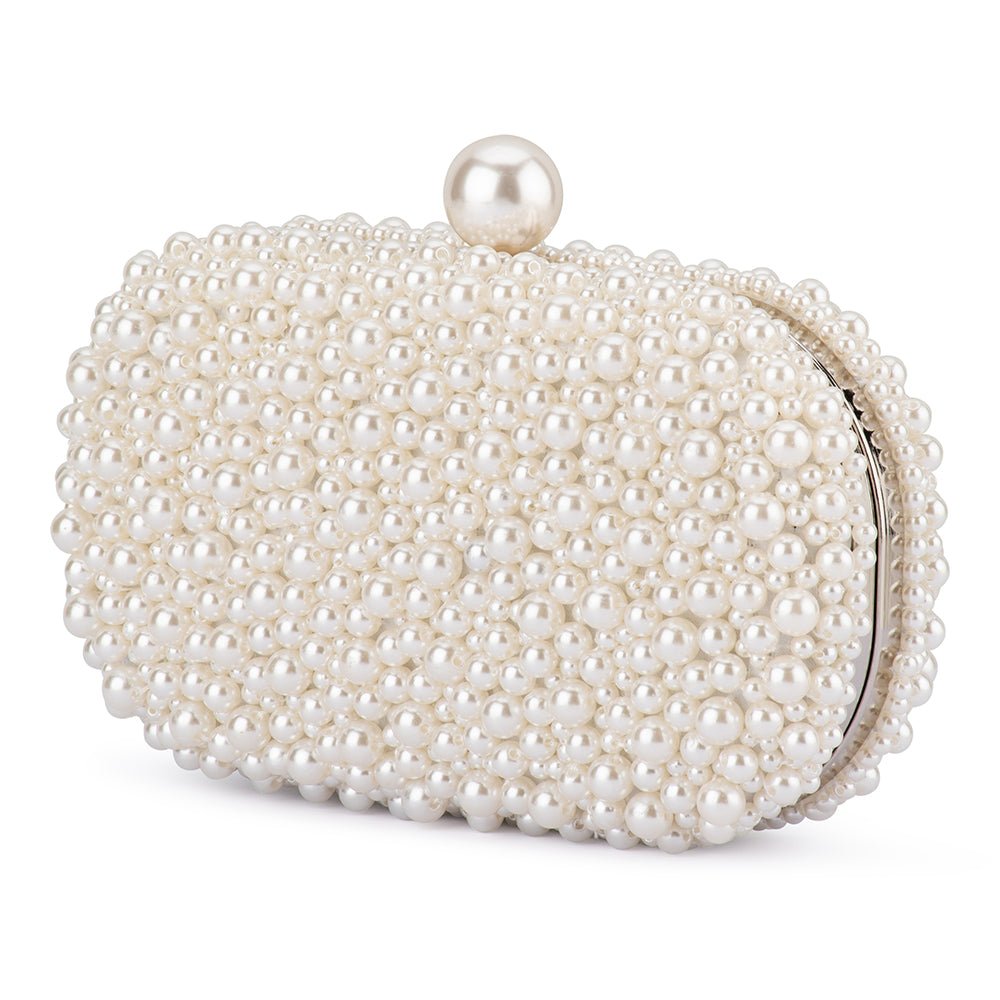 Hand Beaded Pearl Clutch with Silver Chain