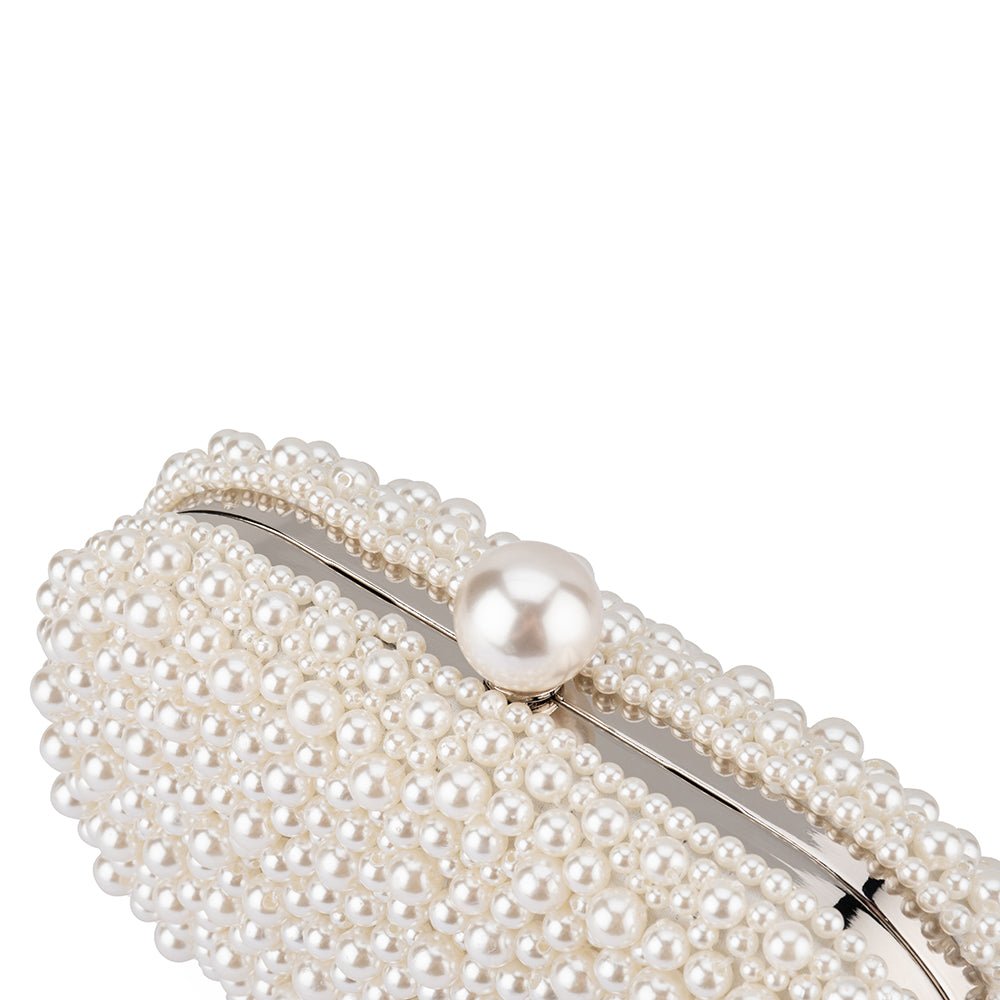 Hand Beaded Pearl Clutch with Silver Chain
