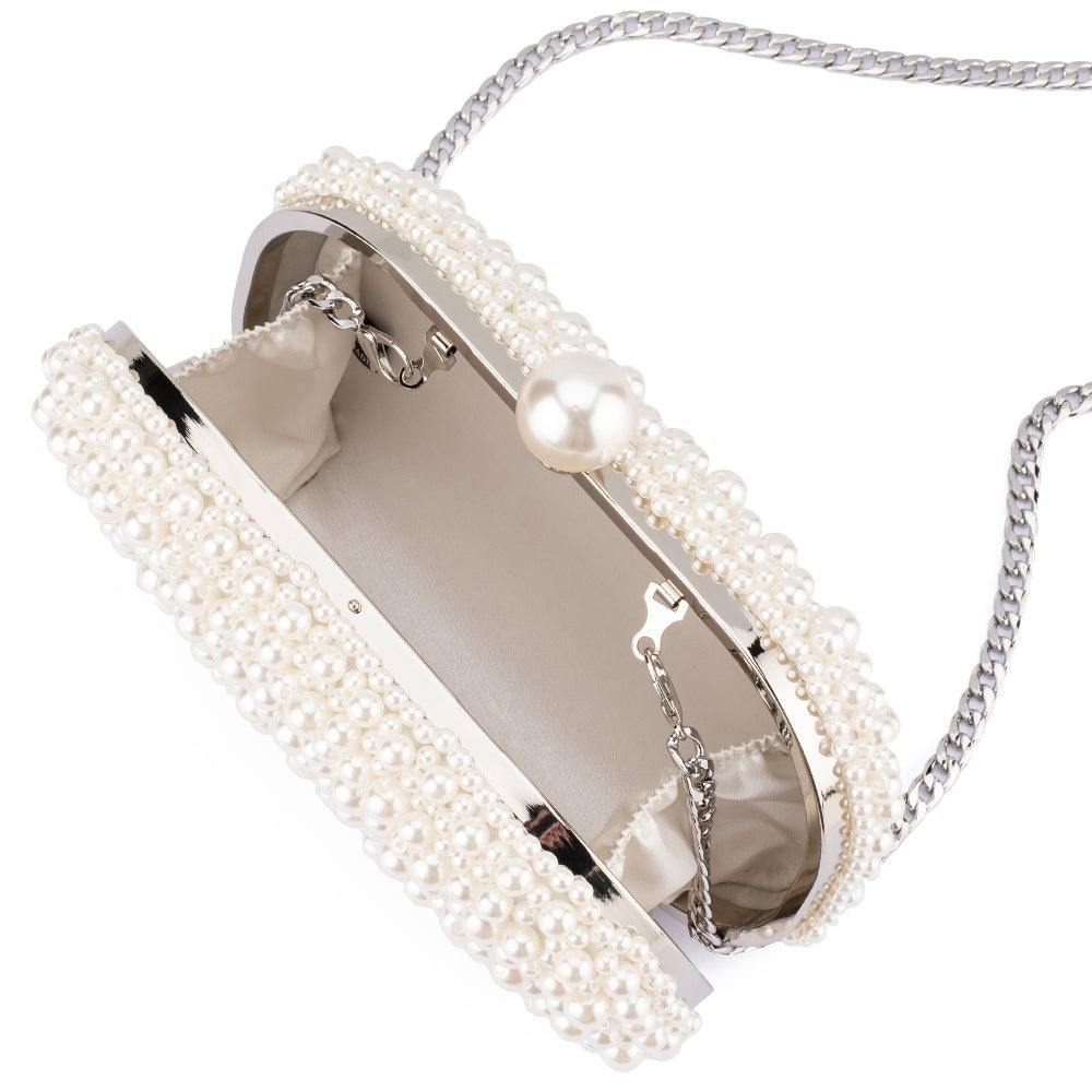 Hand Beaded Pearl Clutch with Silver Chain