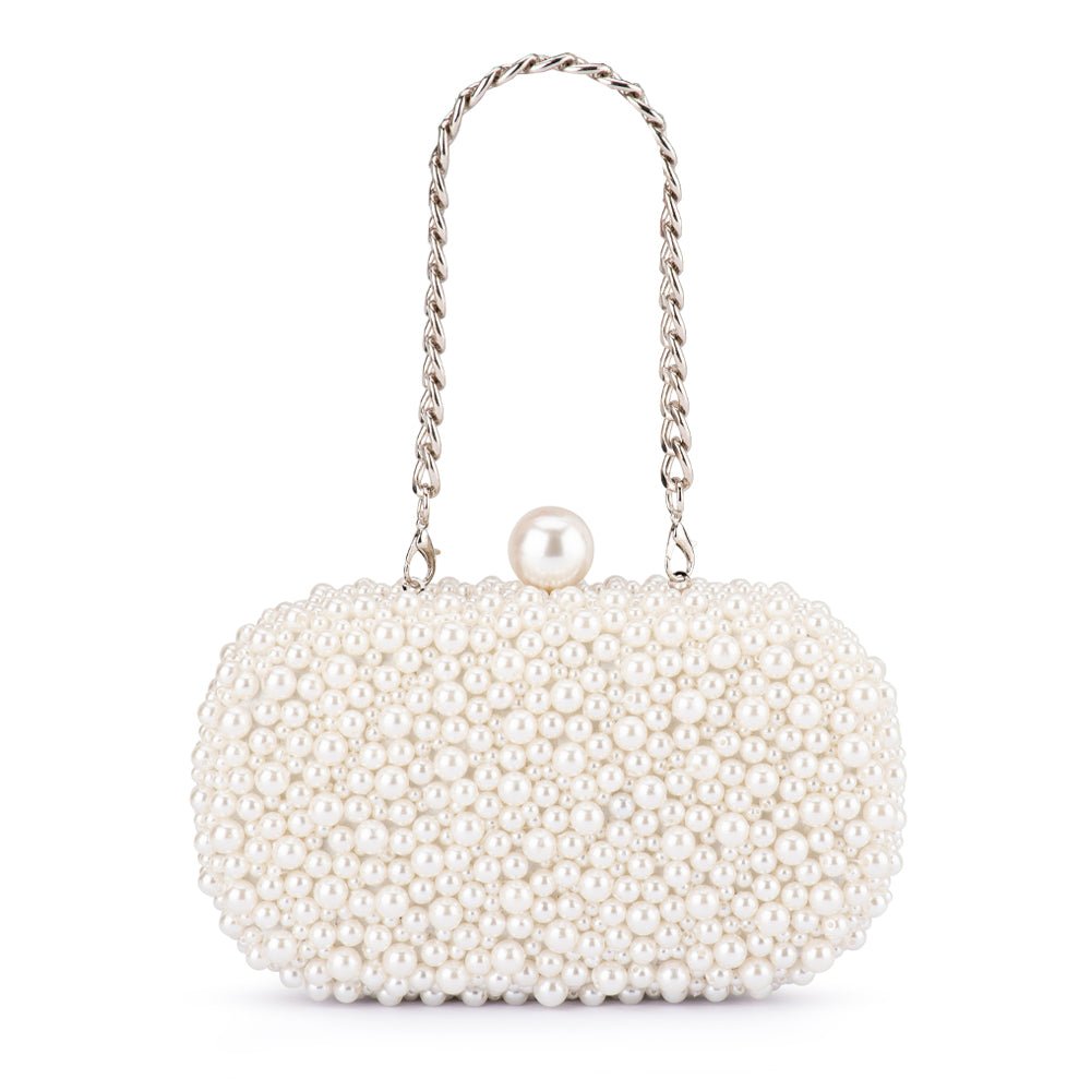 Hand Beaded Pearl Clutch with Silver Chain