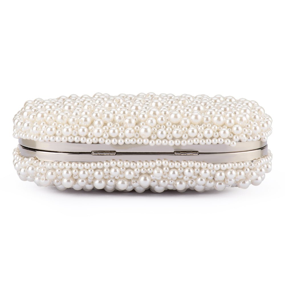 Hand Beaded Pearl Clutch with Silver Chain