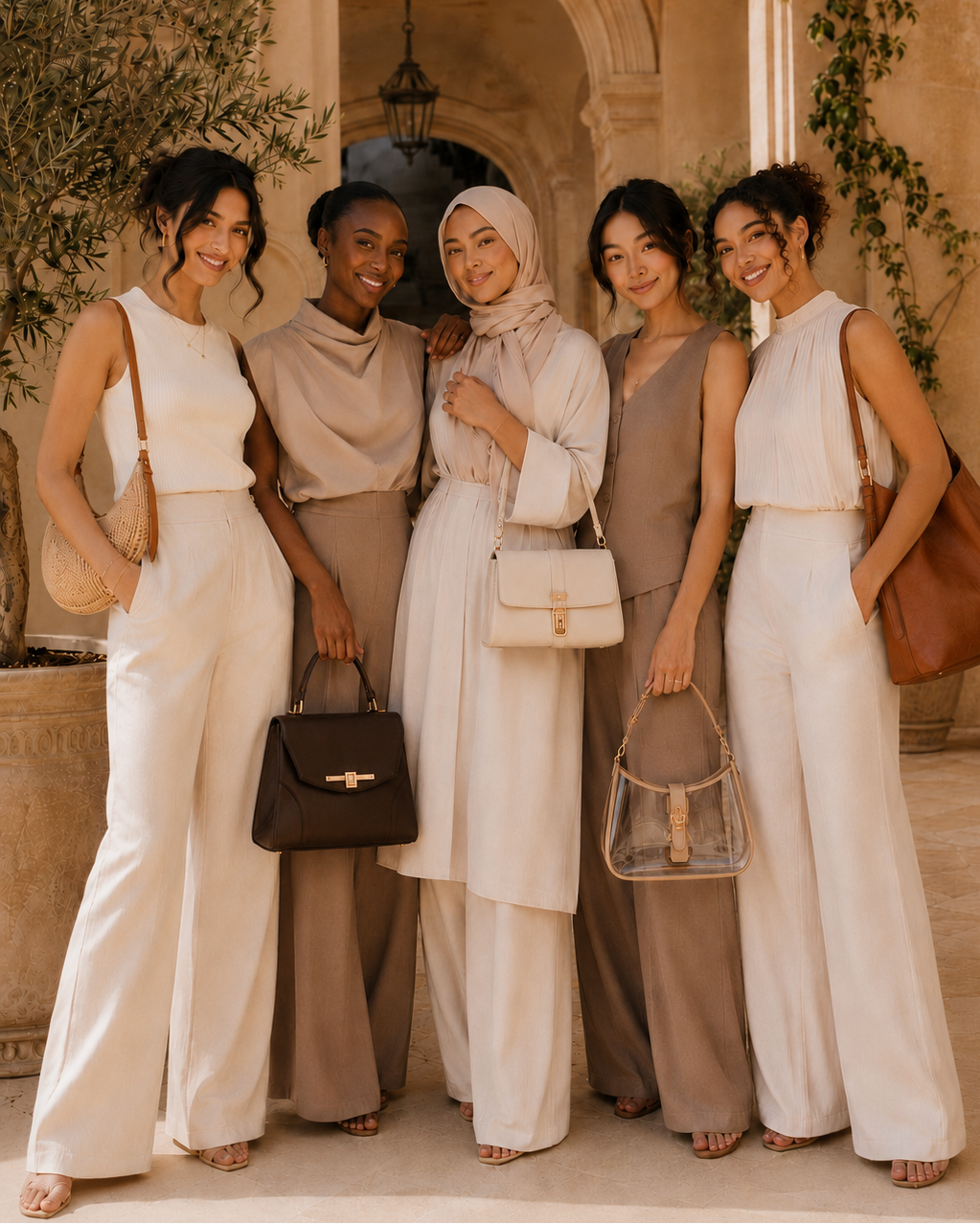 Five women posing together in elegant, coordinated neutral-toned outfits with handbags, set against a warm, sunlit stone archway background.