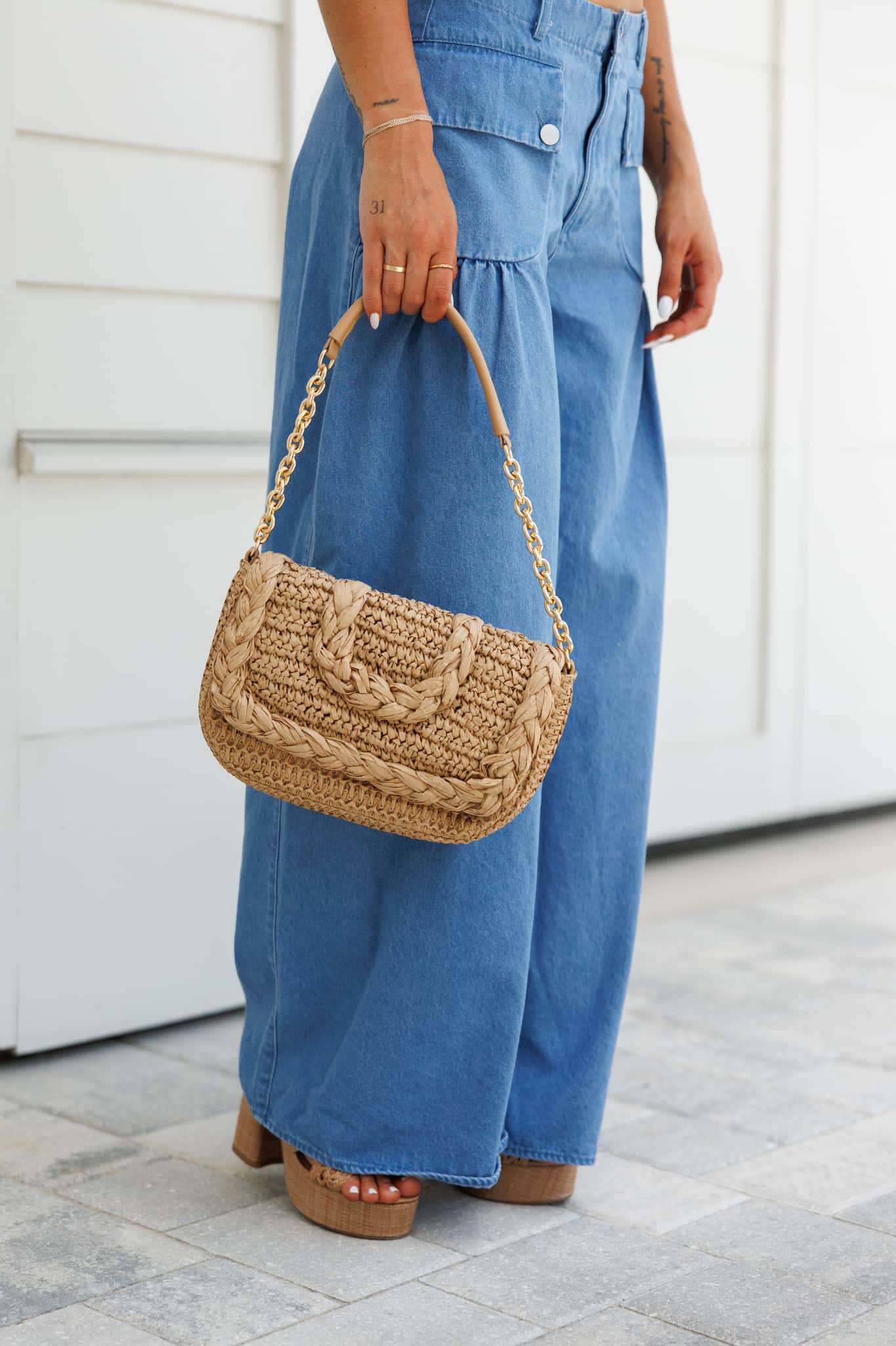 Natural Straw Shoulder Bag with Chain Strap