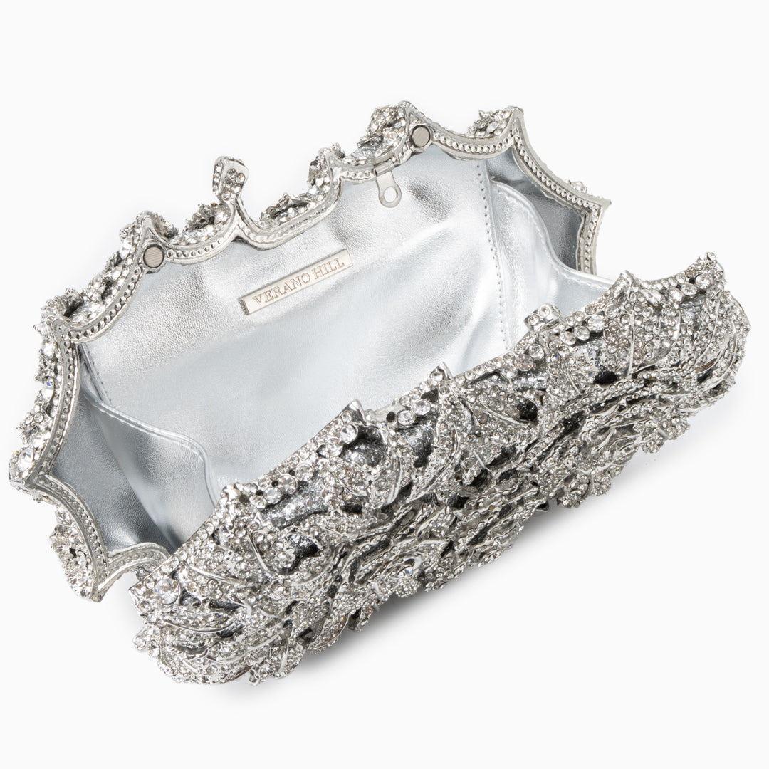 Rose Floral Clutch with Rhinestones and Chain