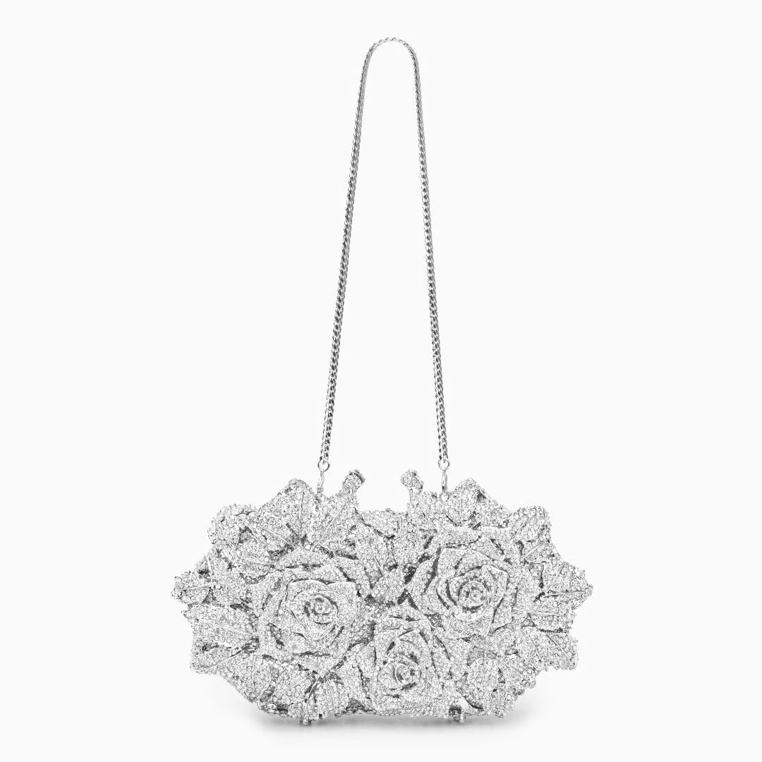 Rose Floral Clutch with Rhinestones and Chain