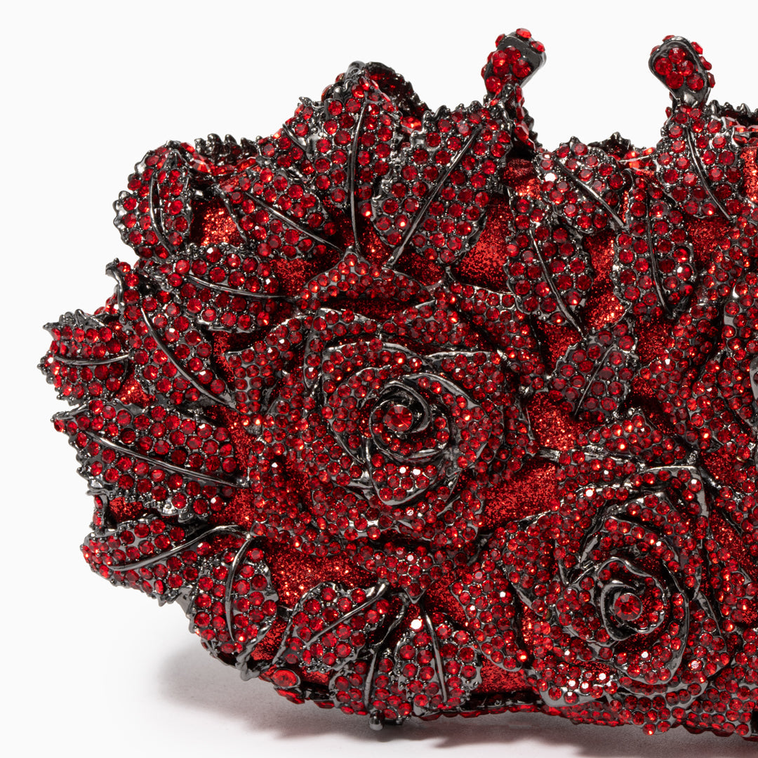 Rose Floral Clutch with Rhinestones and Chain