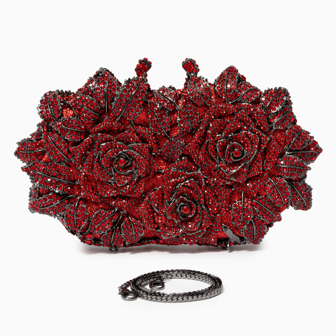 Rose Floral Clutch with Rhinestones and Chain