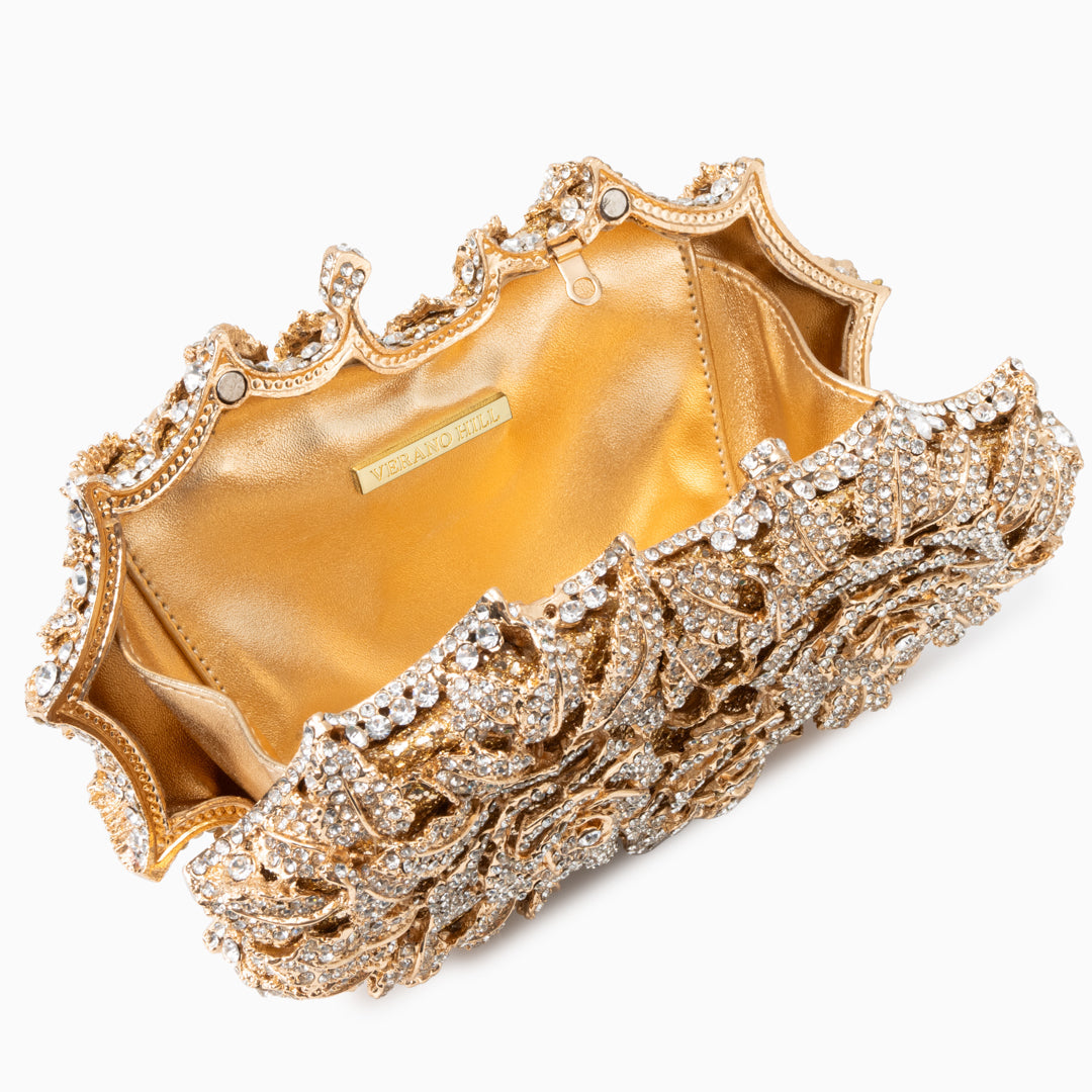Rose Floral Clutch with Rhinestones and Chain