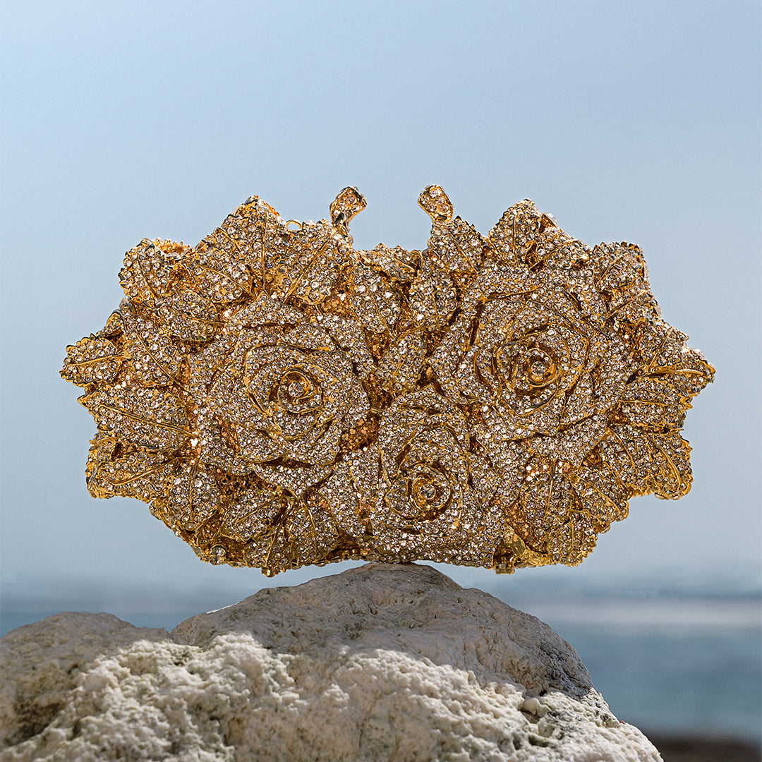 Rose Floral Clutch with Rhinestones and Chain