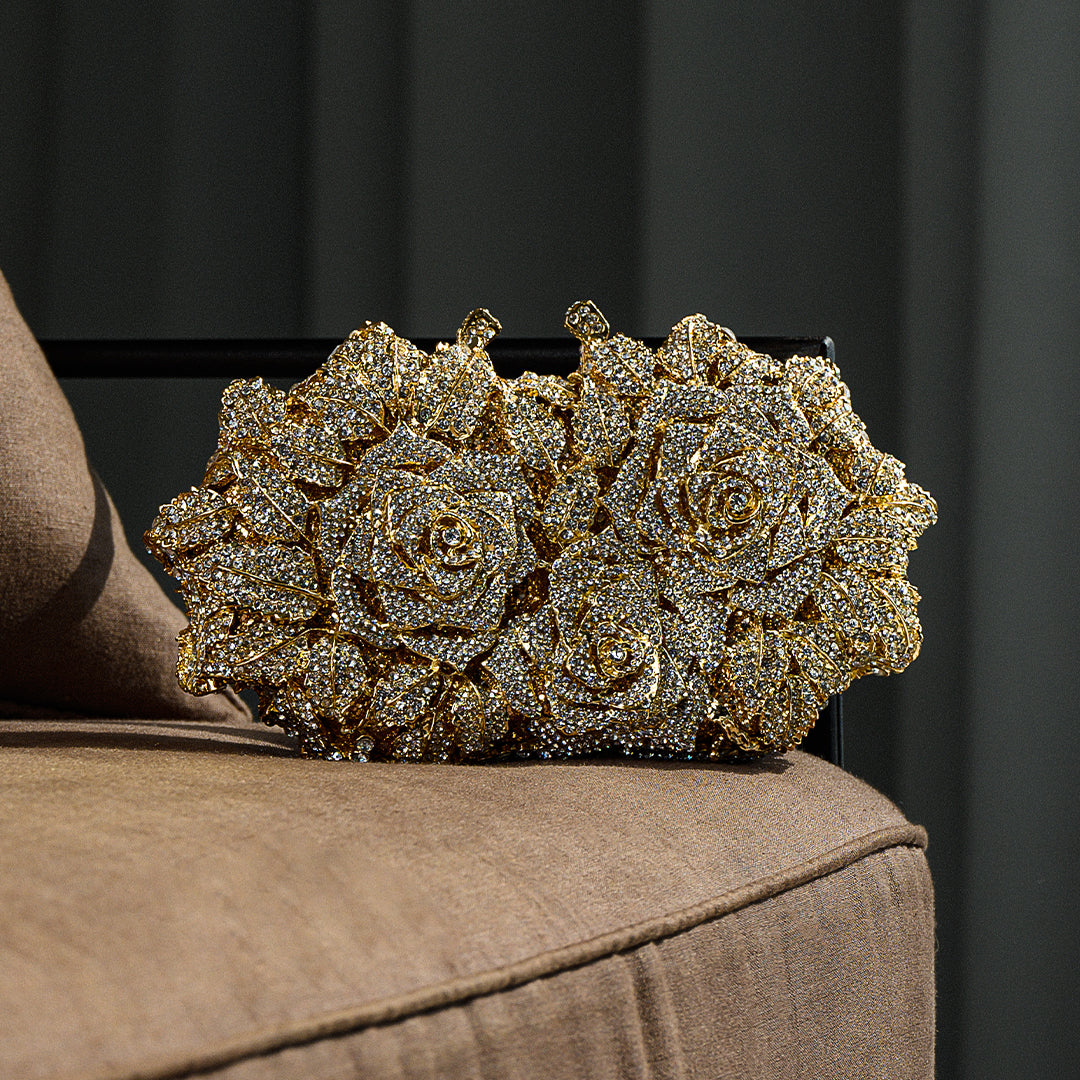 Rose Floral Clutch with Rhinestones and Chain